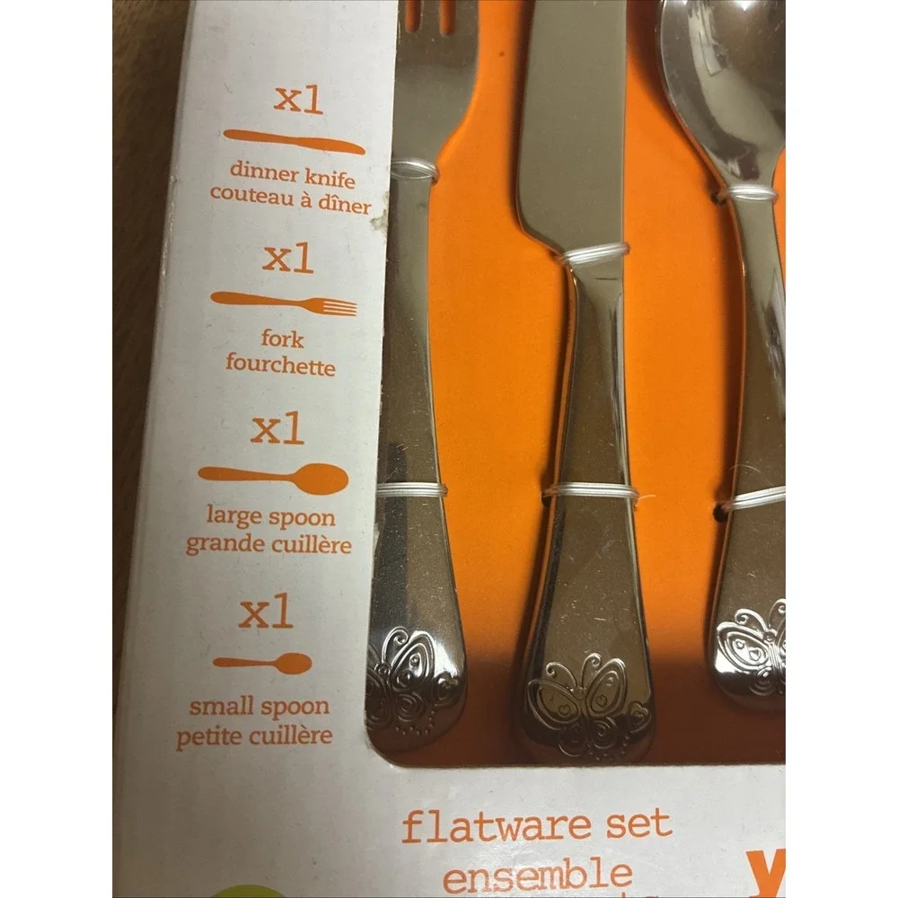 Your Zone Jr Kids Flatware Set Butterfly Stainless Steel 4‎ Pc NEW